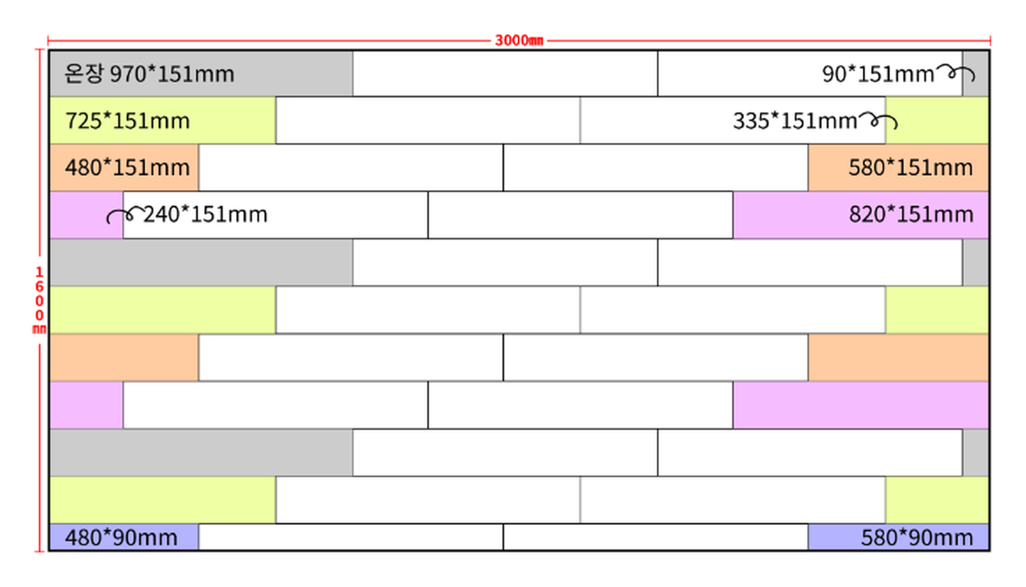 엔포즈 7.5T 시공 배치도 — 3000×1600mm 기준 온장 970×151mm 배치와 열별 재단 치수
